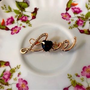 Brooch Rose Gold LOVE with Silver Rhinestones and a crystal Burgundy color heart